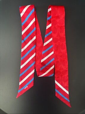 RARE Coach Red Striped Silk Skinny Scarf